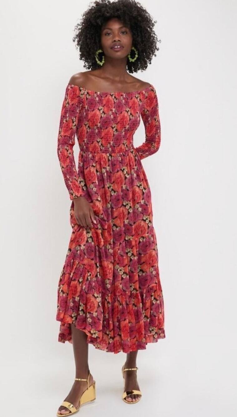 POMANDER PLACE Tuckernuck Rose Chiffon Joni Midi Dress Off Shoulder Sz L New